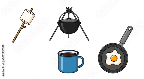 Outdoor cooking set with marshmallow pot mug and fried egg