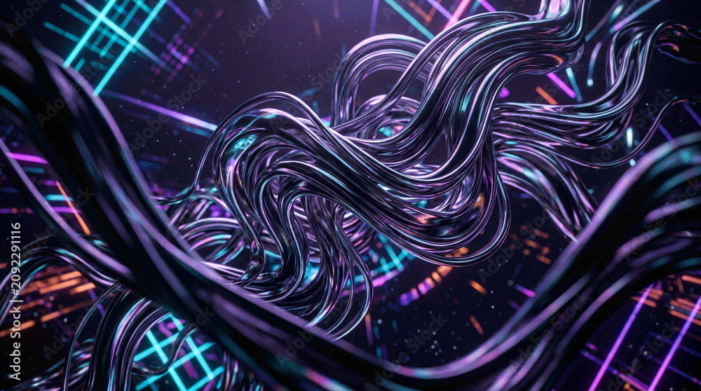 Obraz premium Abstract Metallic Ribbons Swirling in Neon Grid Sci-Fi Environment