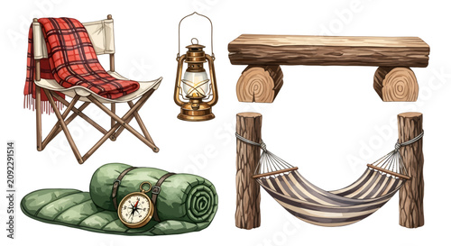 Camping equipment set with folding chair hammock lantern and gear