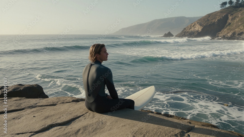 Fototapeta premium A person in a wetsuit sits serenely on a rocky cliff edge, gazing out at the ocean's waves as the sun casts warm shadows.
