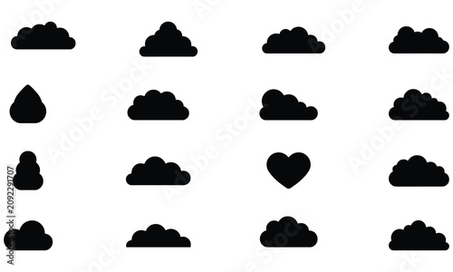 Collection of black cloud and weather symbols in various shapes isolated on a white background, for meteorology and projects