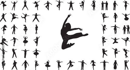 Konstfotografi Ballet dancer silhouette in dynamic jump surrounded by various figures