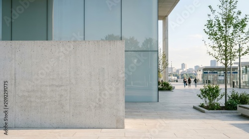 A modern architectural building with a large concrete wall and a glass facade stands in a public space. People are walking along a paved walkway, and a tree is planted near the building.