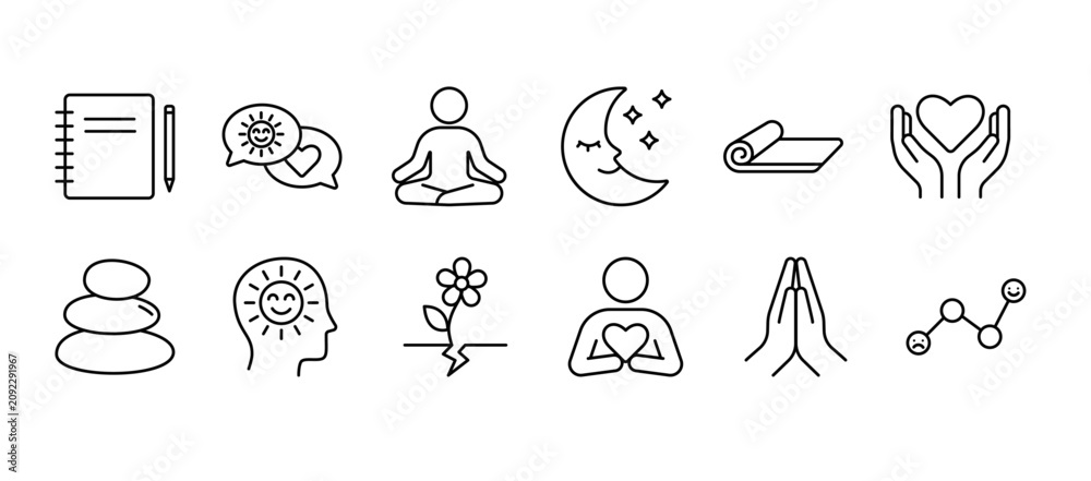 Fototapeta premium Line icon set featuring meditation, mindfulness, and mental wellness symbols. Perfect for wellness apps, yoga websites, and self-care projects.