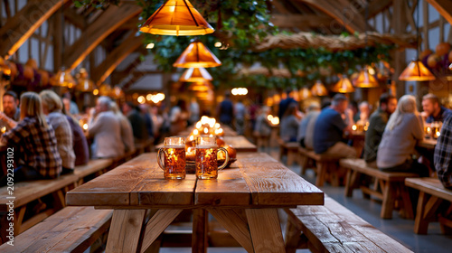 Gäste sitzen an Holztischen im rustikalen Restaurant bei warmem Kerzenlicht