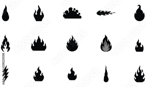 Collection of black fire and flame in various shapes and sizes for representing heat, energy, combustion, and power in