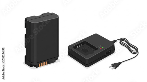 Digital camera battery and charger set isolated on white background power supply for photography equipment