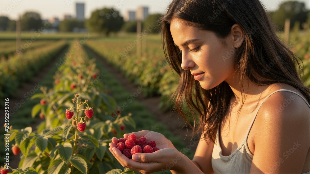 Fototapeta premium A woman stands amidst a raspberry farm's lush rows, cradling ripe red raspberries in her hands as she gazes down at them with a calm expression under warm golden-hour sunlight.