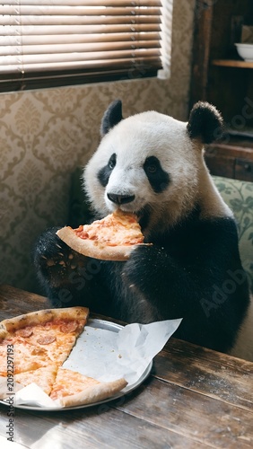 Creative panda enjoying delicious pizza inside stylish restaurant Vertical concept designed for pizzeria business promotion branding social media advertising engaging marketing materials