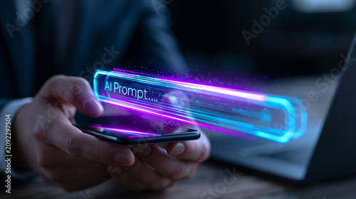 Hand hält Smartphone während Prompt-Schriftzug darüber schwebt