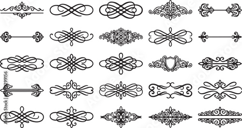 Set of black vintage calligraphic dividers and ornate scroll flourishes for page decoration