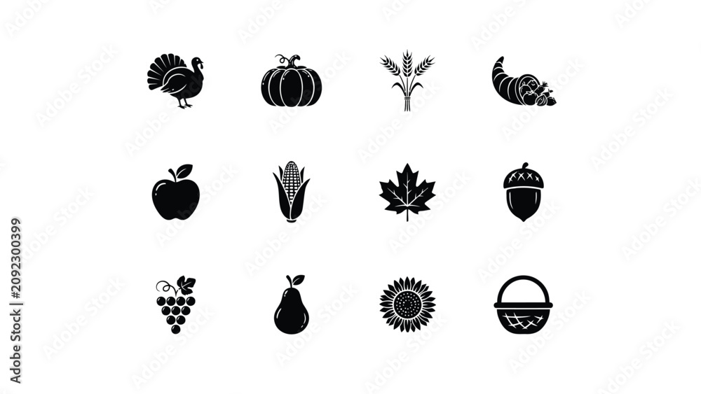 Fototapeta premium Black and white harvest icons set featuring seasonal produce and symbols in minimalist line art style with alongside symbolic items such acorns