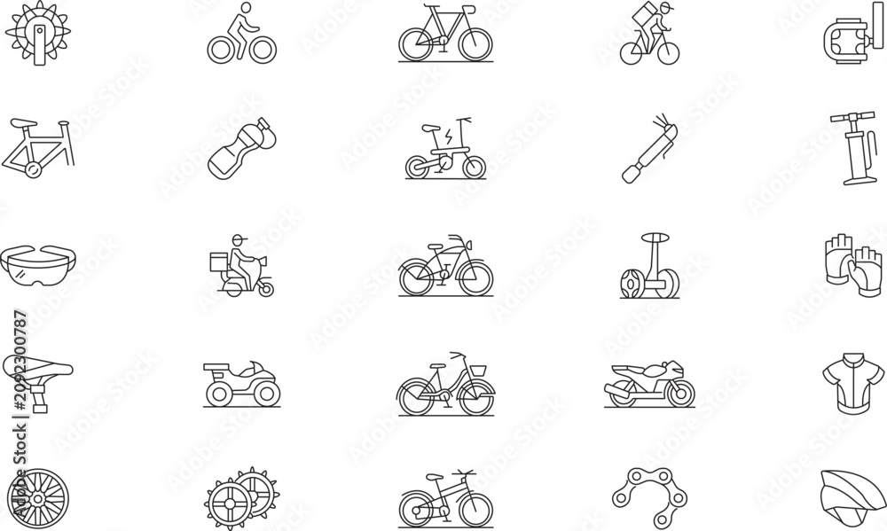 Obraz premium Bicycle and electric transport icons set. Bike delivery courier, e-bikes, scooters, and mechanical spare parts line art vector.