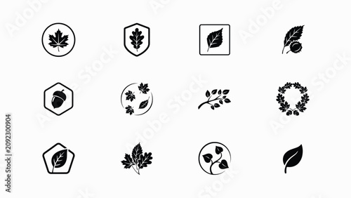 Foto Elegant black and white botanical icons featuring leaves acorns and floral arran