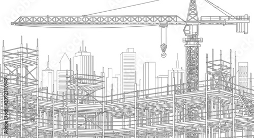 Architectural line drawing of a construction site with a tower crane and city skyline.