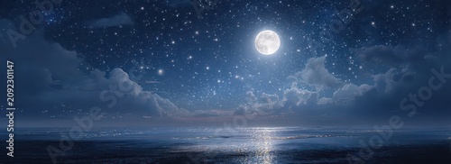 Full bright moon shines in a starry night sky above a sprawling city skyline with sparkling lights reflecting on the water below creating a magical atmosphere