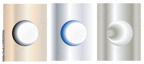 Set of three abstract sphere illustrations with metallic gradients and soft light reflections