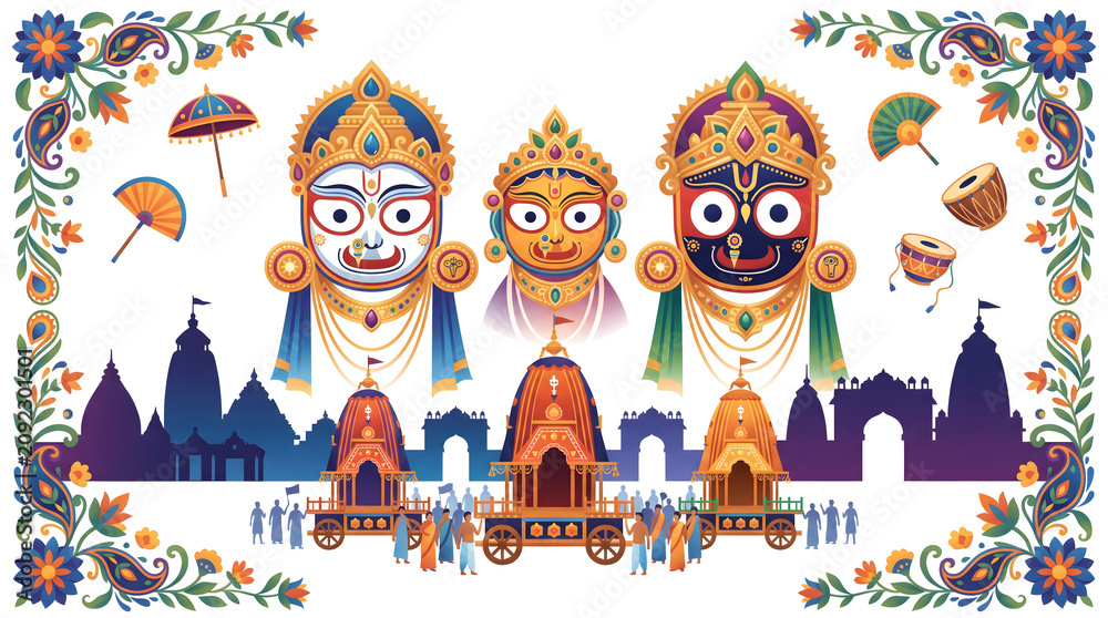 Naklejka premium Festive composition with three deity portraits chariot temple silhouettes and decorative elements.