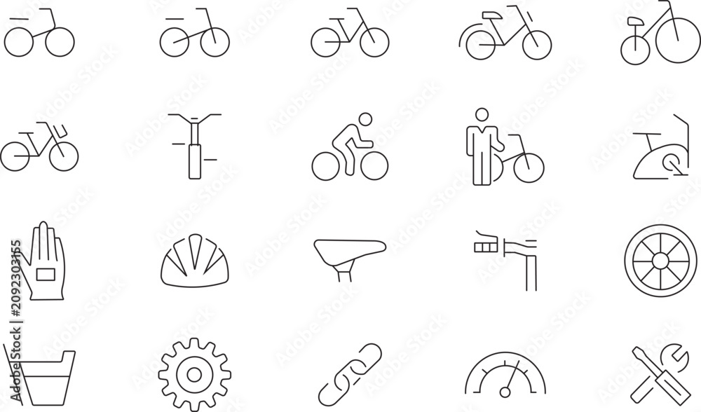 Fototapeta premium Bicycle lifestyle and fitness icons set. Bike types, training gear, cycling accessories, and thin line art symbols vector.