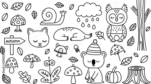 Cute autumn vector doodle bundle with forest animals koala owl snail pumpkin mushroom and leaf elements