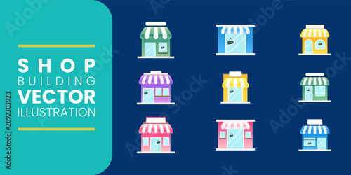 Schilderij op canvas Collection of colorful shop building vector illustrations on a dark teal backgro