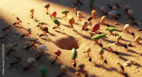 Obraz Ant colony working together, carrying food items and building near their nest entrance