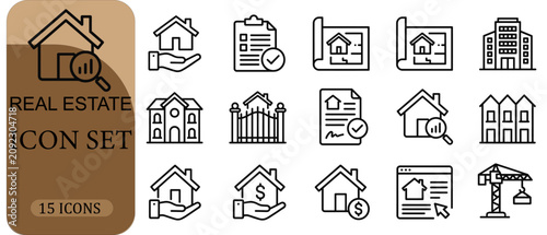 Quadro su tela Real estate icon set with 15 linear symbols for property management, constructio