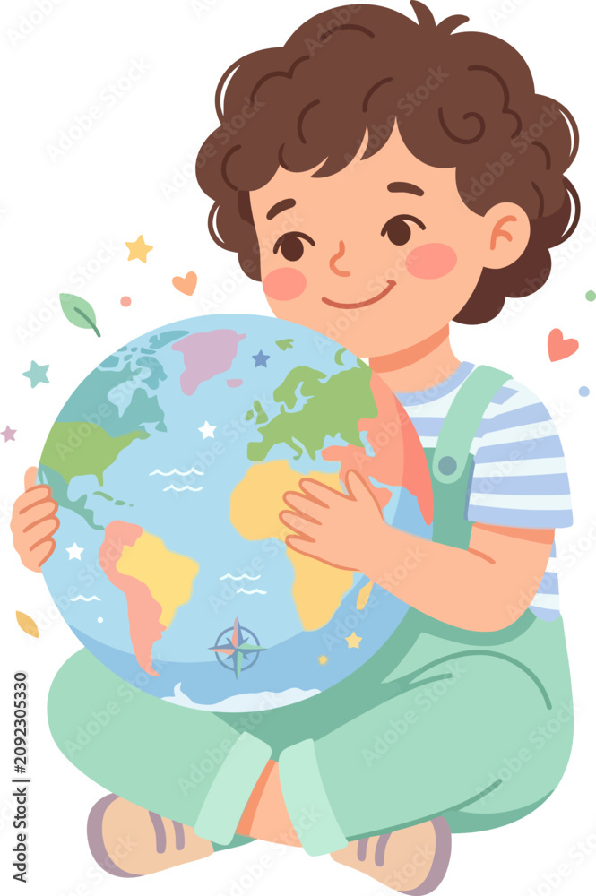 Fototapeta premium Child holds planet Earth with care during bright day representing environmental protection and global unity flat vector illustration