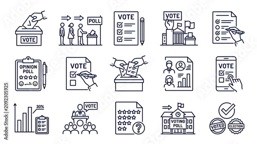 Voting and Election Icons Set: Democracy, Ballot, Opinion Poll, Government