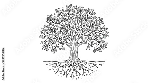 Φωτογραφία Detailed illustration of a flourishing tree with visible roots, black and white