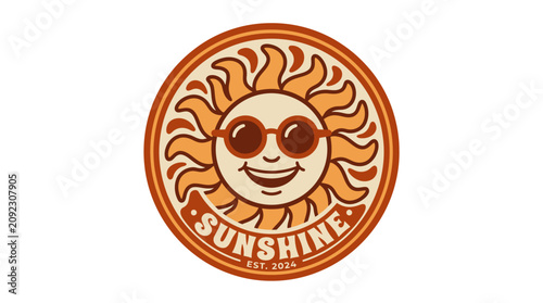 Retro Sunshine Emblem Logo with Smiling Sun Wearing Sunglasses.