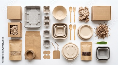 Biodegradable Packaging Materials Flat Lay Isolated on White