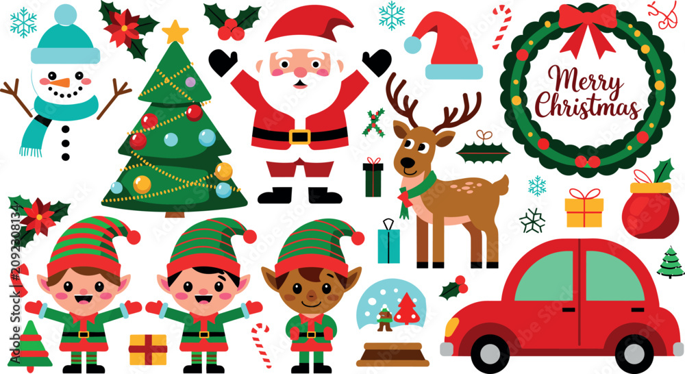 Fototapeta premium Christmas vector element set with cute Santa Claus snowman reindeer elves christmas tree wreath and red car isolated on white background