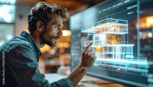 Professional male architect studies a glowing three dimensional digital holographic model of a modern glass building