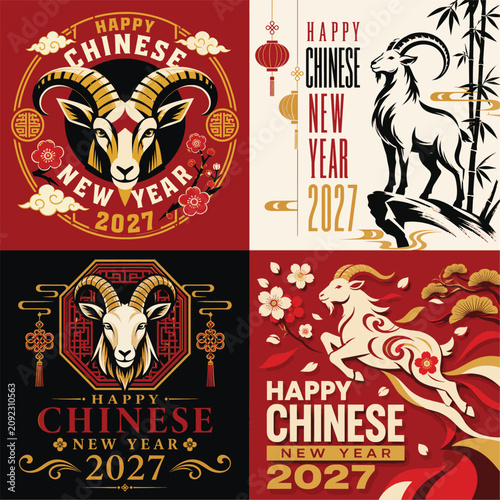 Bold Chinese New Year 2027 Typography Poster Bundle, Modern Lunar New Year Year of the Goat Design Collection, Creative Chinese New Year 2027 Vector Pack,