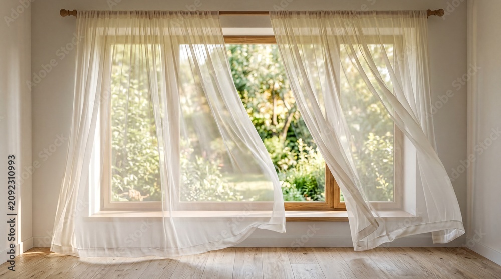 Fototapeta premium Natural lighting effects, soft light streams through translucent curtains, creating a tranquil ambiance