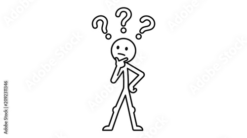 Bild auf Leinwand A simple stick figure character standing and thinking with question marks floating above head