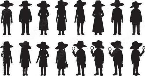 Quadro su tela Diverse children silhouettes in wide-brimmed hats during exploration with magnif