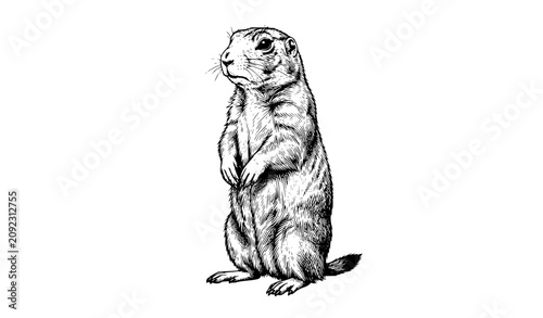 Fotografie Prairie Dog Standing Hand Drawn Vintage Illustration, Wild Rodent Animal Sketch