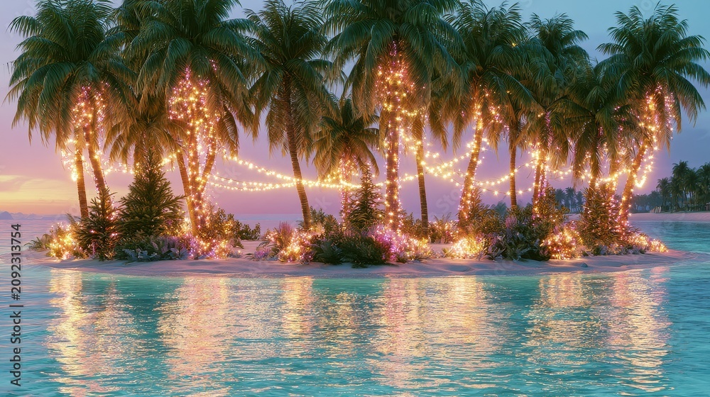 Fototapeta premium Island Noel paradise featuring decorated coconut palms sparkling garlands warm seaside tranquility festive escape focus on tropical celebration theme realistic Double exposure crystal blue lagoon back