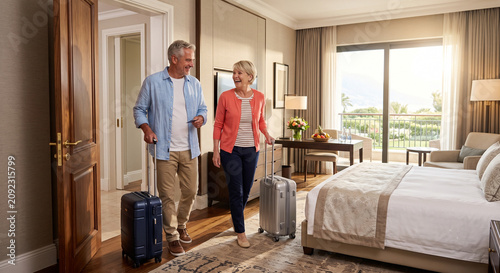 Happy senior couple entering a luxury hotel room with suitcases while beginning their relaxing holiday together