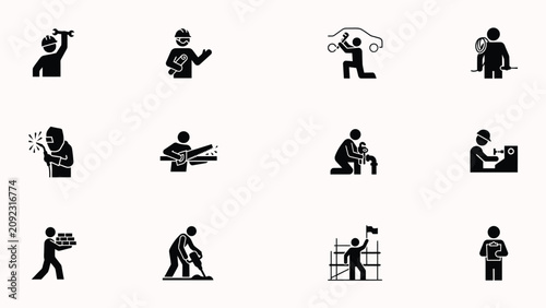 Konstfotografi Black and white line icons of construction and maintenance professionals in acti