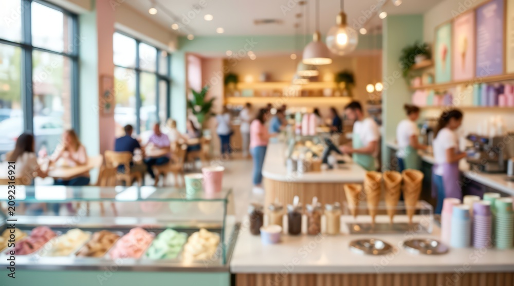 Fototapeta premium Ice cream parlor interior gelato shop blurred background dessert cafe counter pastry shop modern cafeteria indoor restaurant pastel colors