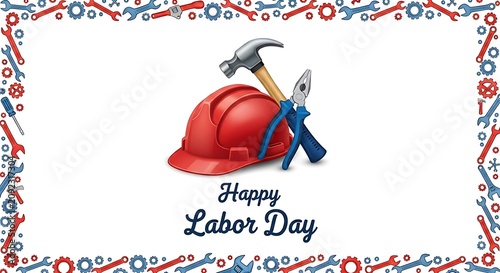 Happy labor day text with red safety helmet and tools frame