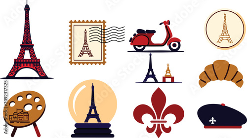 Paris travel vector element set featuring vintage Eiffel Tower landmarks, postage stamp, red scooter, croissant, artist palette, fleur de lis symbol, beret, and snow globe icons.