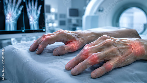 Rheumatoid arthritis hand joints radiology concept with inflamed synovium, swollen fingers and wrist inflammation in clean clinical imaging room for medical education and patient care design
