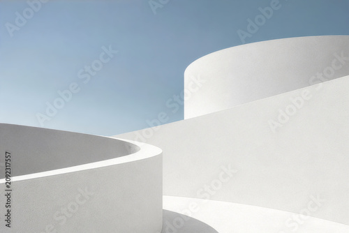 Abstract minimal architecture background with smooth white curved walls against a clear blue sky. Modern organic geometric exterior with empty copy space for design, presentation and product mockups.