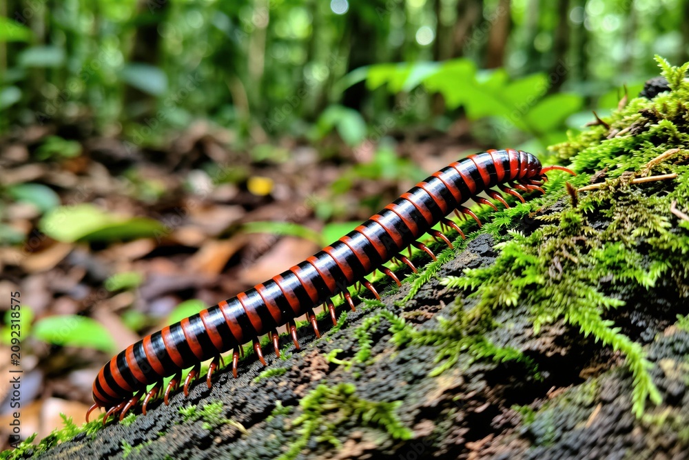 Fototapeta premium Large red and black millipede walks on mossy log in forest. Arthropod crawls on tree bark with green plants and leaves in background. Macro shot shows many legs.