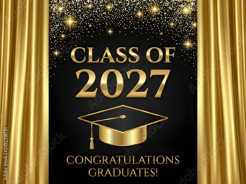 Class of 2027 graduation celebration with golden cap and gown on elegant black background with sparkles