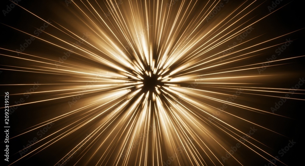 Fototapeta premium Golden abstract light explosion with radial rays of light emanating from a dark central point creating a motion blur zoom effect against a black background with high contrast.